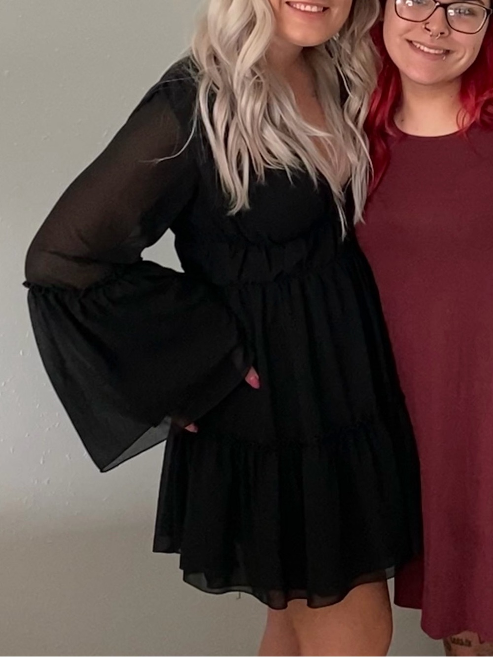 Chiffon Bell-Sleeve Mini Dress in Black